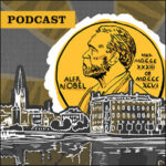 Podcast: Illustration of Nobel medal rising over the city of Stockholm, Sweden
