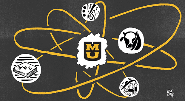 Illustration of atom with MU nucleus surrounded by icons representing the arts, humanities and sciences