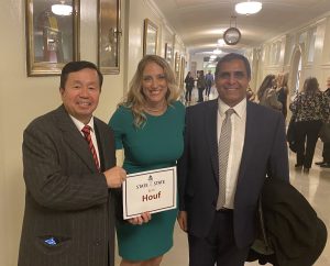 A photo of President Mun Choi, Beth Houf and MS&T Chancellor Mohammad Dehghani.