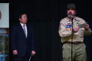 A photo of President Choi with Aaro Froese, district executive for Boy Scouts of America, Great Rivers Council.