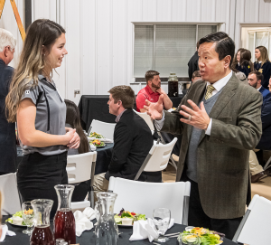 A photo of President Choi talking with Erin Heinecke, a Litton Leadership Scholar, in Chillicothe, Mo.
