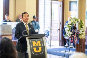 A photo of President Choi giving remarks at the 2022 Patriot Day ceremony in Jesse Hall.