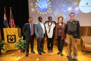 A photo of President Choi, University of Missouri Board of Curators Chair Michael Williams, NSF Director Panchanathan, Vice Chair Robin Wenneker, and Nobel laureate George Smith.