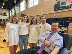 A photo of Greek Week Blood Committee members Macy Noonan, Sydney Hilker and Haliey Loog, along with Will Mason (director of the Blood Committee) and President Choi.