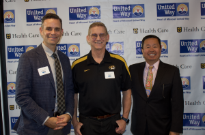 (Left to right) Andrew Grabau, president and CEO, Heart of Missouri United Way, and Jim Owen, president and CEO, Missouri Employers Mutual with President Choi.