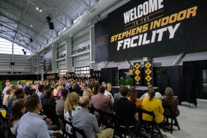Athletic Director Desiree Reed-Francois addresses the crowd at the Stephens Indoor Facility dedication.
