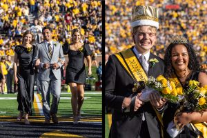 A combined photo of (left) Homecoming Tri-Directors Adela Keller, Jonathan Jain and Annie Watson. (Right) Christian Hall and Josie Johnson, Homecoming King and Queen.