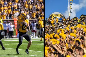 A combined photo of (left) Brady Cook. (Right) Mizzou Football defeated South Carolina in front of a sellout crowd.