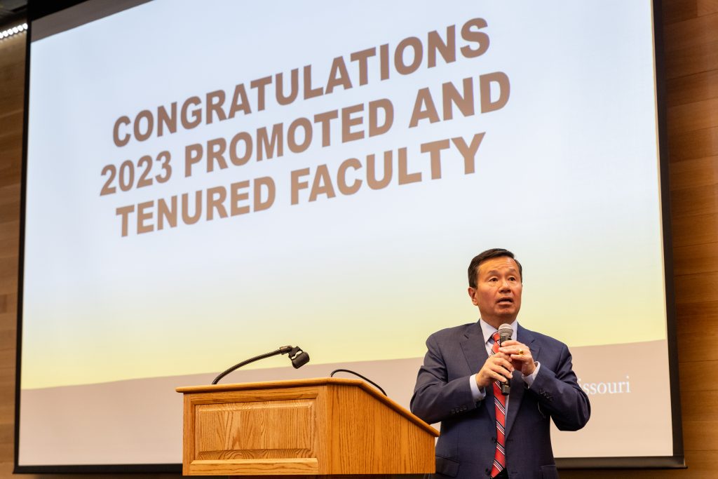 A photo of President Choi addressing the faculty audience at the 2023 Promotion and Tenure reception.