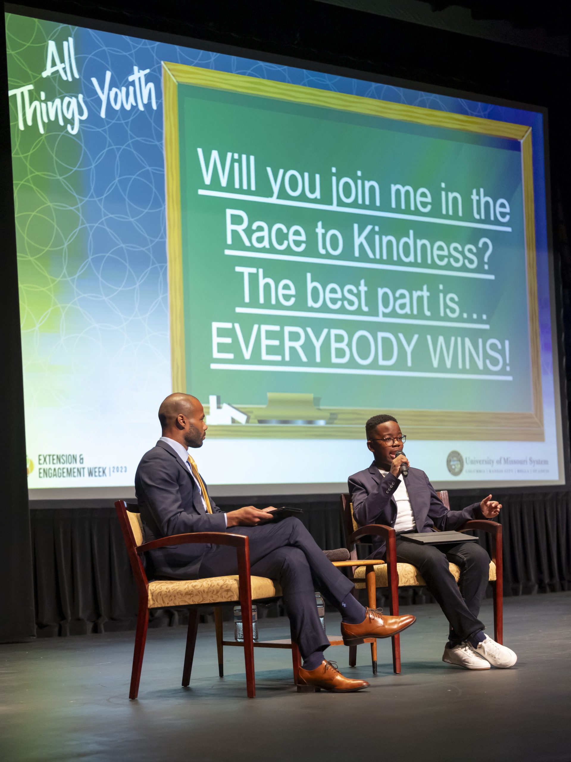 A photo of Director of Integrated Marketing Communications for MU Extension Rob Jones (left) hosting a discussion with keynote speaker Orion Jean, 2021 TIME Kid of the Year (right).
