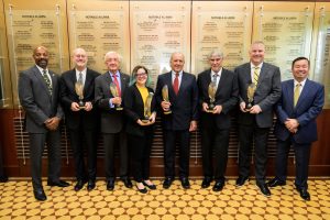 (Left to right) Jefferson Club Board of Trustees Chair Bill Roundtree, William F. "Bill" Baker, Dr. Dale E. Klein, Cindy Dudenhoffer (accepting on behalf of the late Anne R. Kenney), Steve Ellebracht, Dr. Jim Simón, John Anderson and President Choi