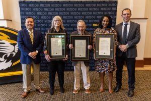 (Left to right) President Choi, Sarah Leen, Dr. Gilbert Ross, Dr. Marcia Chatelain and Interim Provost Matt Martens during a brunch celebrating honorary degree recipients.