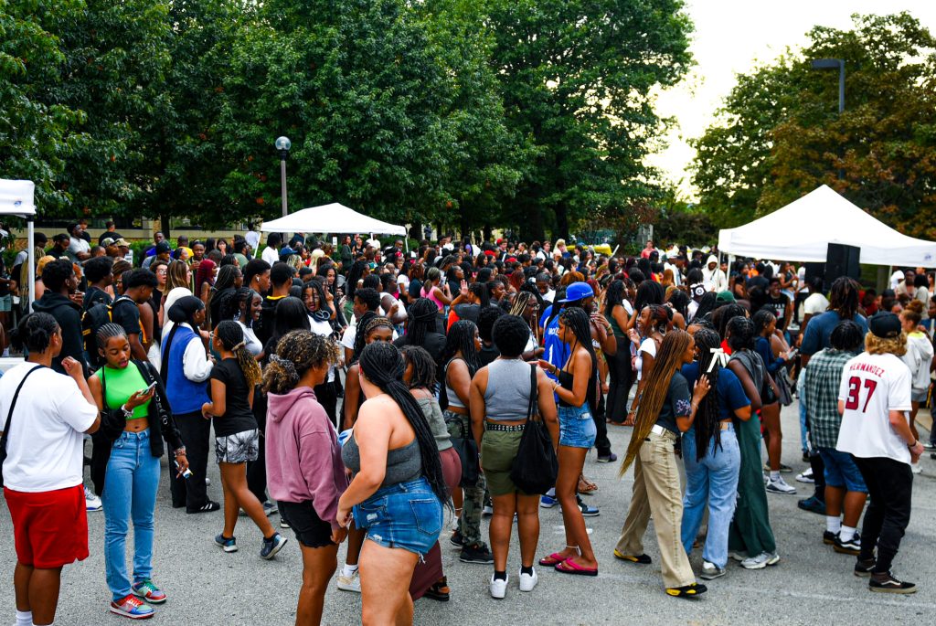 Students gather for the Welcome Balck & Gold BBQ at the Gaines/Oldham Black Culture Center