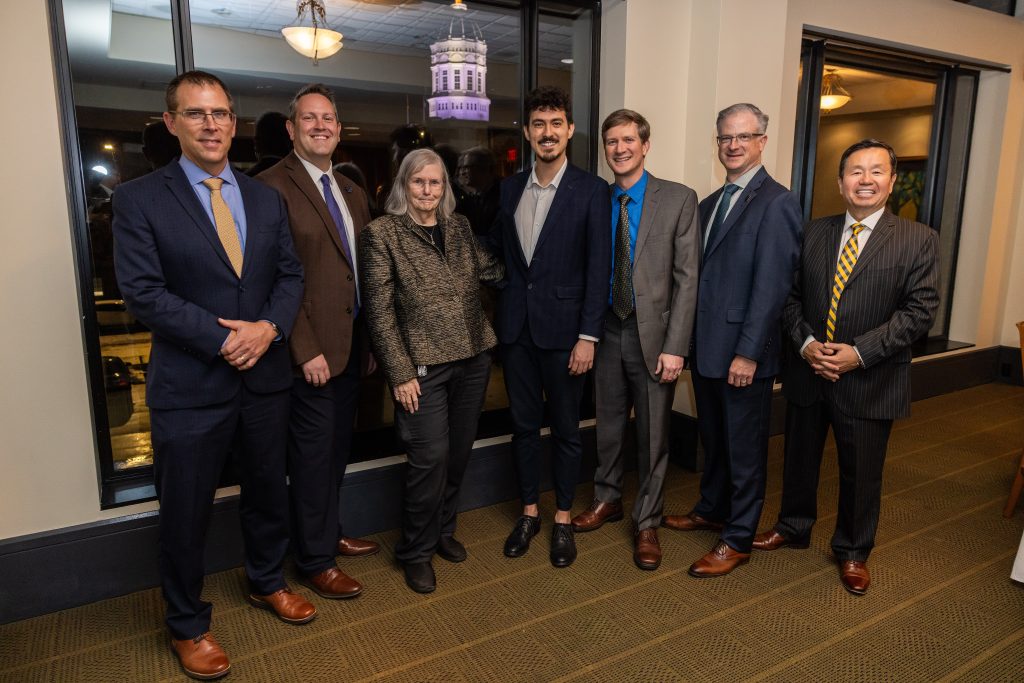 (Left to right) Provost Matt Martens, School of Music Director Jared Rawlings, Curator Jeanne Cairns Sinquefield, Giovanni Porfirio, Mizzou New Music Initiative Director Stefan Freund, Dean Cooper Drury and President Choi