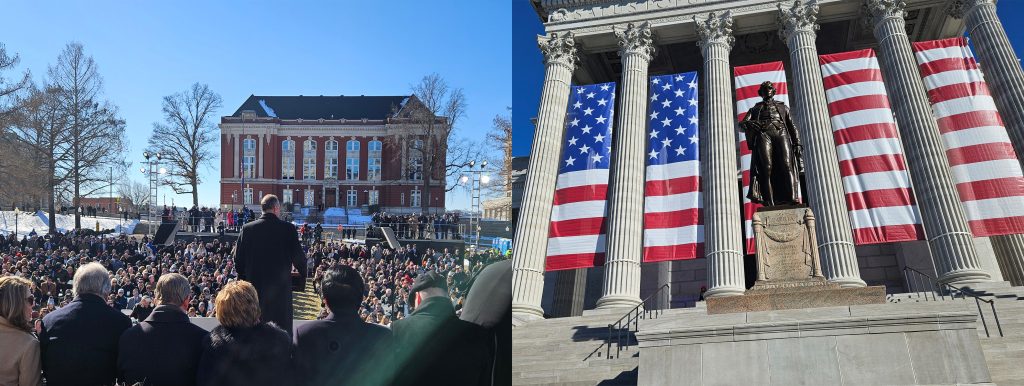 A compilation image of two photos: (Left) Gov. Mike Kehoe’s remarks during the inauguration ceremony. (Right) A view of the Missouri Capitol.