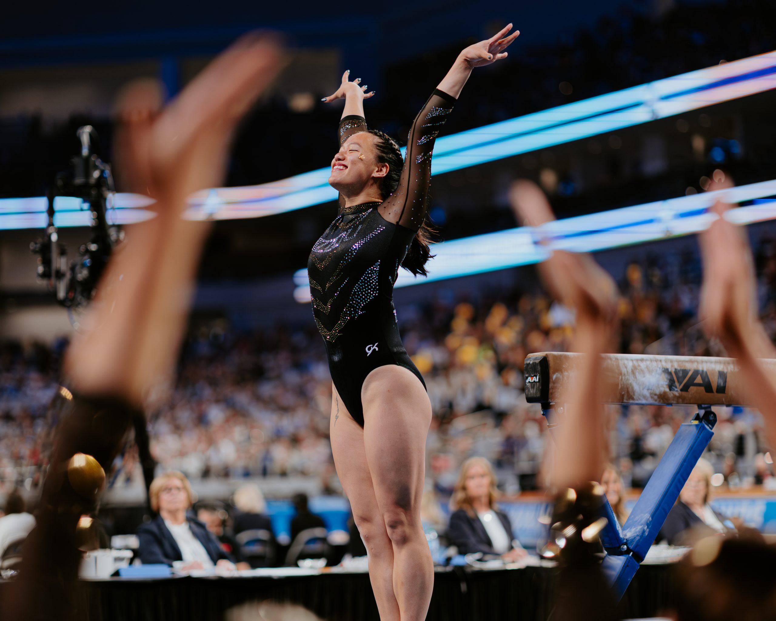 Senior and balance beam National Champion Helen Hu finishes her career final beam routine on Saturday.