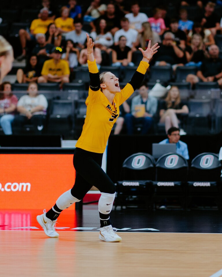 Senior Maya Sands celebrates during a game against the University of Nebraska at Omaha in August.
