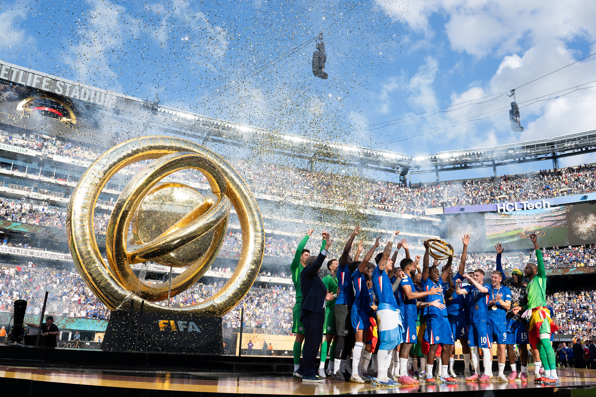 Chelsea Football Club celebrates after winning the FIFA Club World Cup at MetLife Stadium in East Rutherford, New Jersey, on July 13, 2025