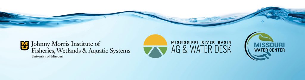 Logos for the Johnny Morris Institute, Mississippi River Basin Ag & Water Desk and the Missouri Water Center