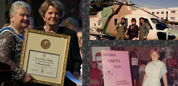 Clockwise from left: Dr. Fritz receives the DAR Dr. Anita Newcomb McGee Legacy Award, prepares to fly and conduct hospital assessments, tables as a Mizzou student and nursing honor society member in 1967.