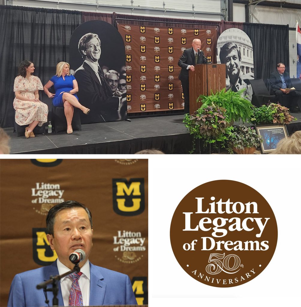 Above: Ed Turner provides remarks at the Litton Legacy of Dreams event, seated onstage are Carley McLean, Director Chris Chinn and Congressman Sam Graves. Below: President Choi provides remarks and the Litton Legacy of Dreams logo