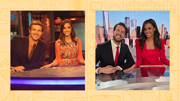 Kenton Gewecke and Hanna Battah in 2014 at KOMU, Gewecke and Battah in 2025 at "Good Morning America"