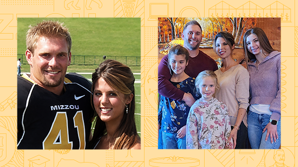 (Left) John and Kasey Ruth on Faurot Field in 2006, (right) the Ruth Family in 2024