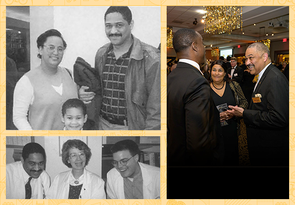 Clockwise from top left: Dr. Jones and family celebrate at Match Day in 1997; Dr. Jones and Lillian Mitchell-Jones attend the 2025 Jefferson Club Dinner; Dr. Sara Walker explains a patient case to Dr. Jones and Dr. David Hockman as fourth-year medical students in 1997.