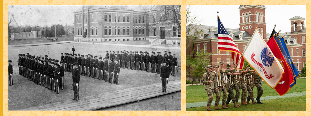 Military drilling on Francis Quadrangle in 1894, Joint Services Pass in Review in 2025